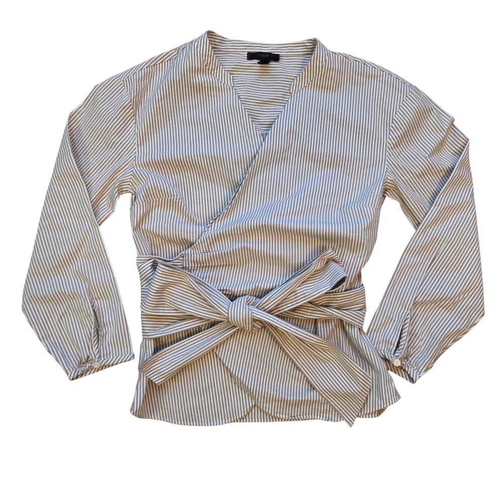 J Crew XS Tan White Stripe Wrap Top Tie Waist Cotton Stretch Blouse